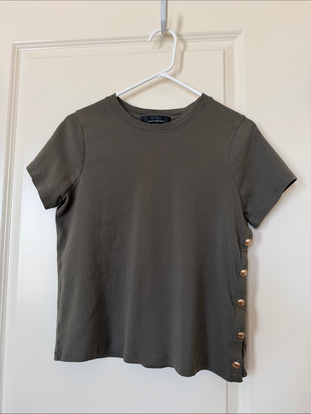 White House Black Market Olive Short Sleeve Tee with Side Button Detail